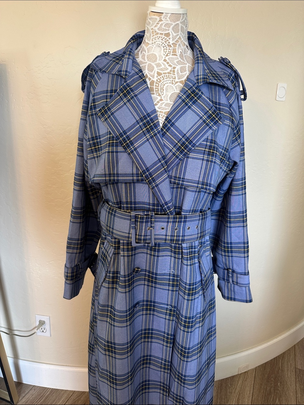 Azalea wang blue plaid trench coat size xl